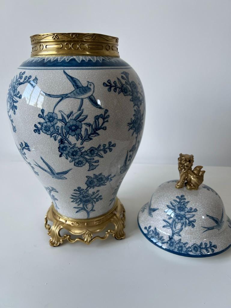 Blue and White Ginger Jar: Floral Bird Motif, Brass Foo Dog Lid
