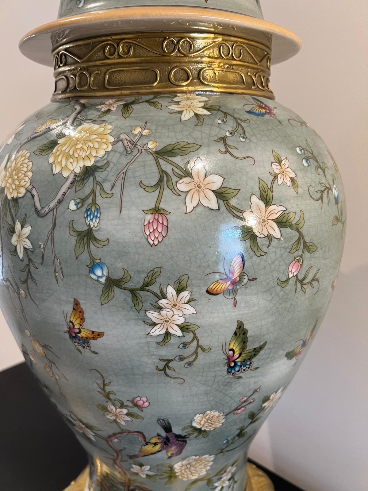 Green Porcelain Ginger Jar with Butterflies & Flowers – Gilded Decorative 67cm H