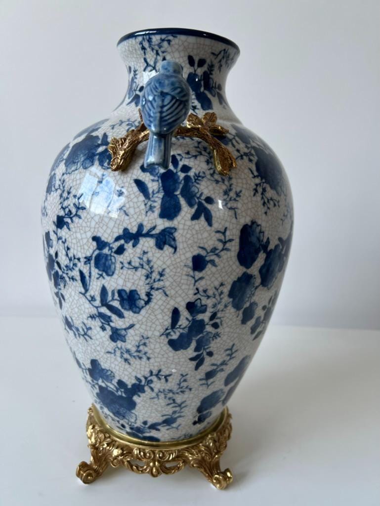 Blue and White Crackle Glaze Porcelain Vase with Bird Detail – Gilt Metal Base