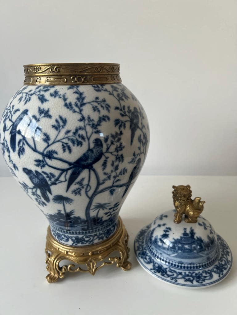 Blue and White Ginger Jar: Bronze Foo Dog Lid, Parrot Motif