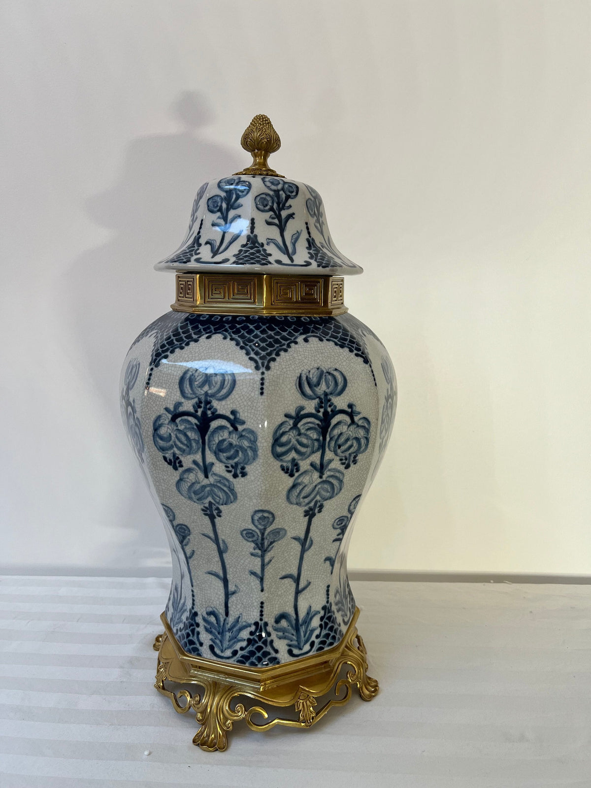 Blue and White Porcelain Ginger Jar with Lid – Decorative Urn with Gilt Base (22")