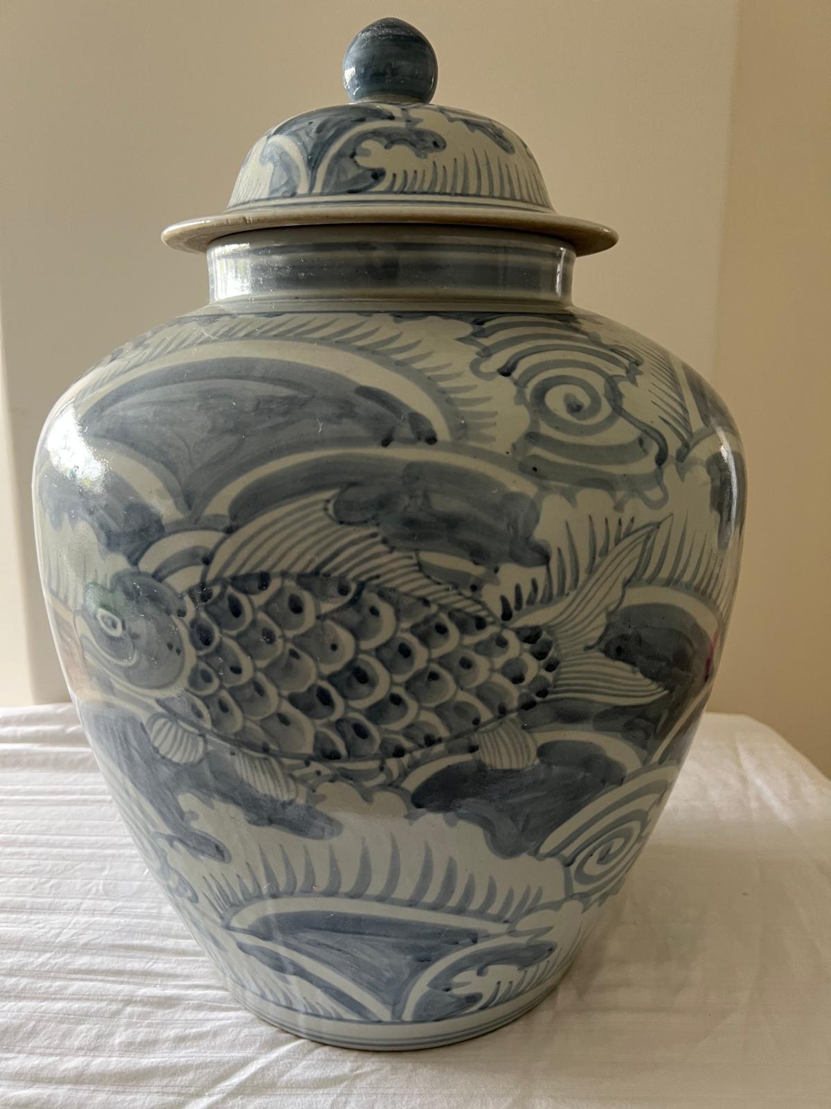 Blue and White Ceramic Ginger Jar – Hand-Painted Koi Fish & Wave Motif