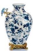 Blue and White Crackle Glaze Porcelain Vase with Bird Detail – Gilt Metal Base