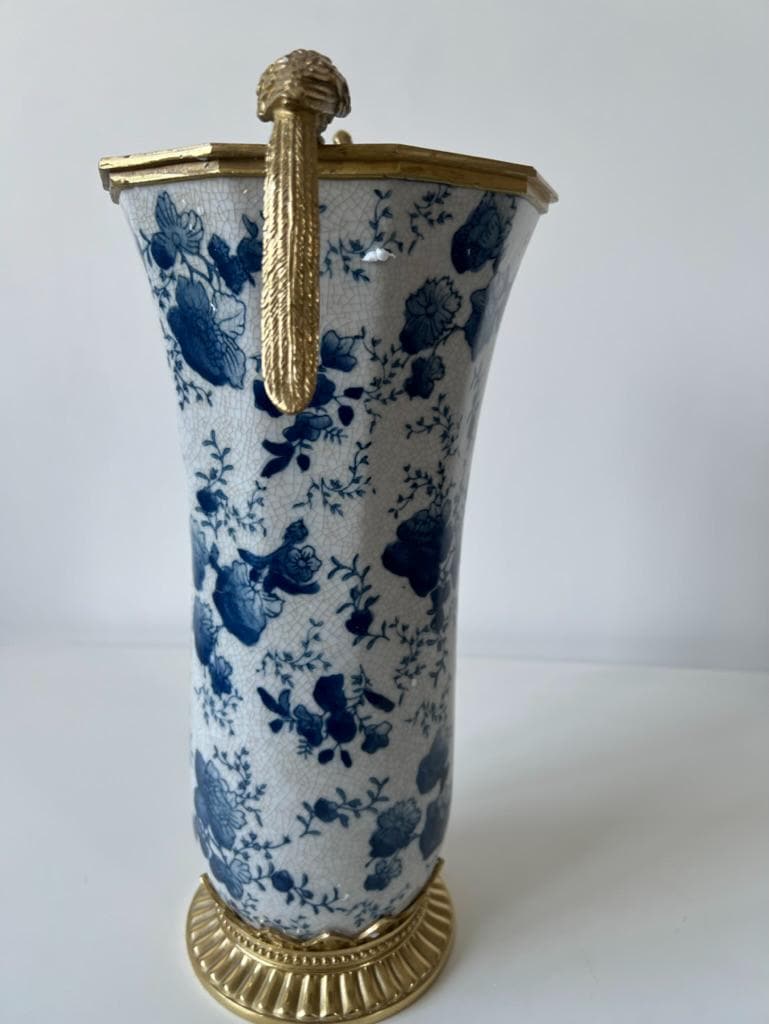 Blue and White Porcelain Vase: Bronze Accents, Spring Flower Motif (35.5 cm)