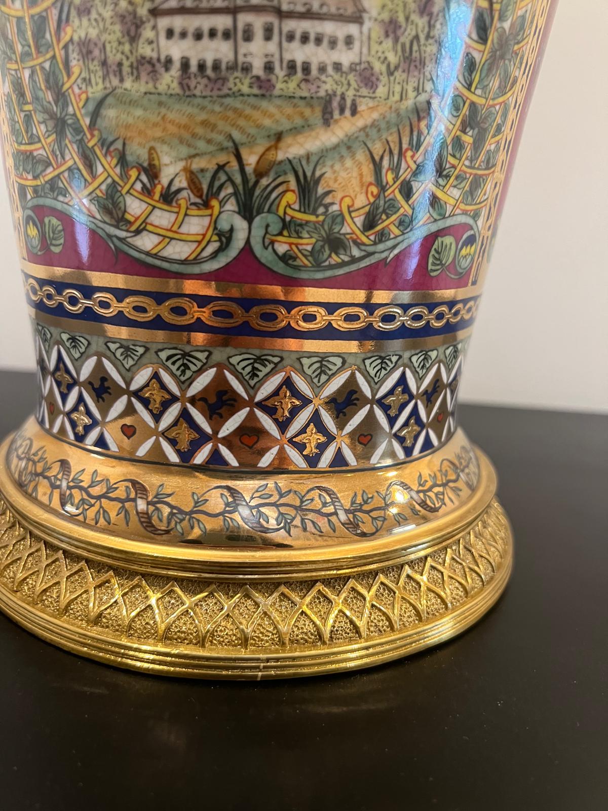 Art Deco Porcelain Vase with Gold Base & Estate Scene