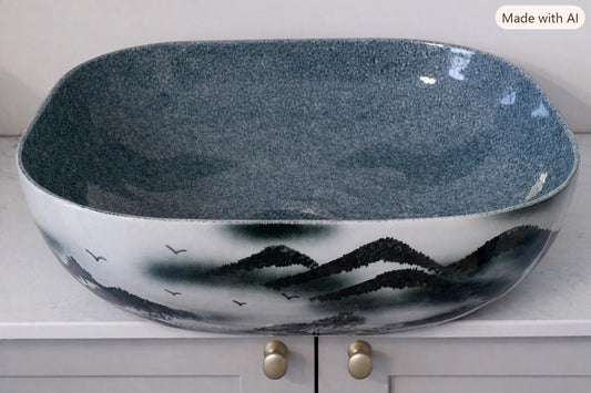 Hand‑Painted Porcelain Basin – Grey Landscape Bathroom Sink – Modern Artistic Wash Bowl