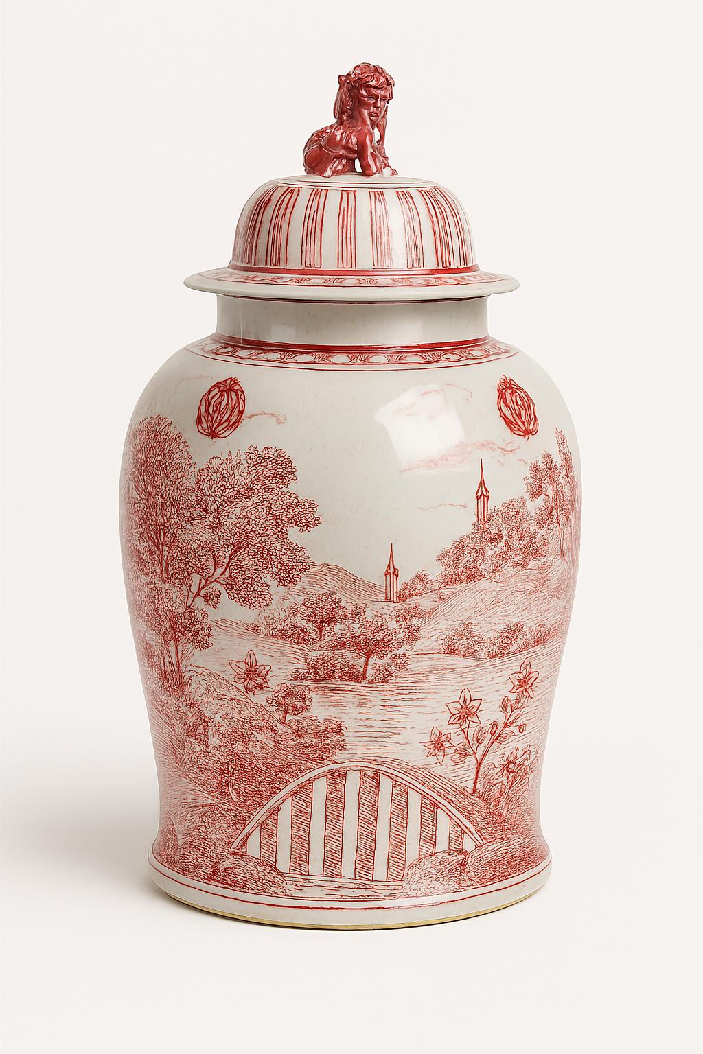 Vintage Style Red & White Chinese Ginger Jar – Guardian Lion Lid