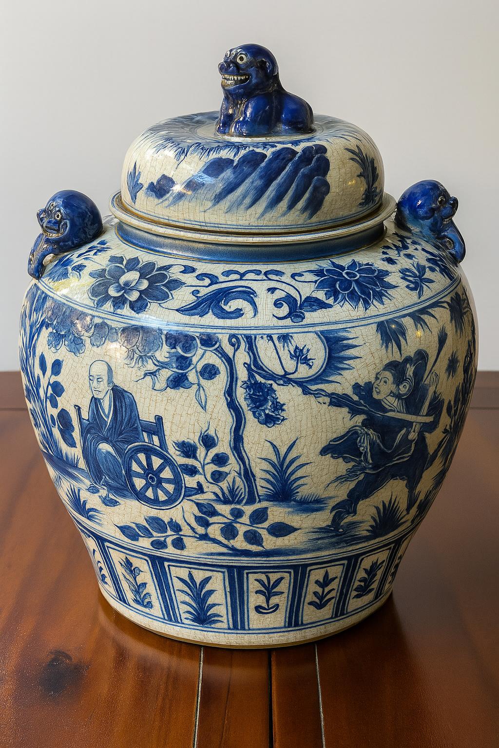 Blue White Porcelain Ginger Jar – Crackle Glaze Foo Dog Finial Asian Decor