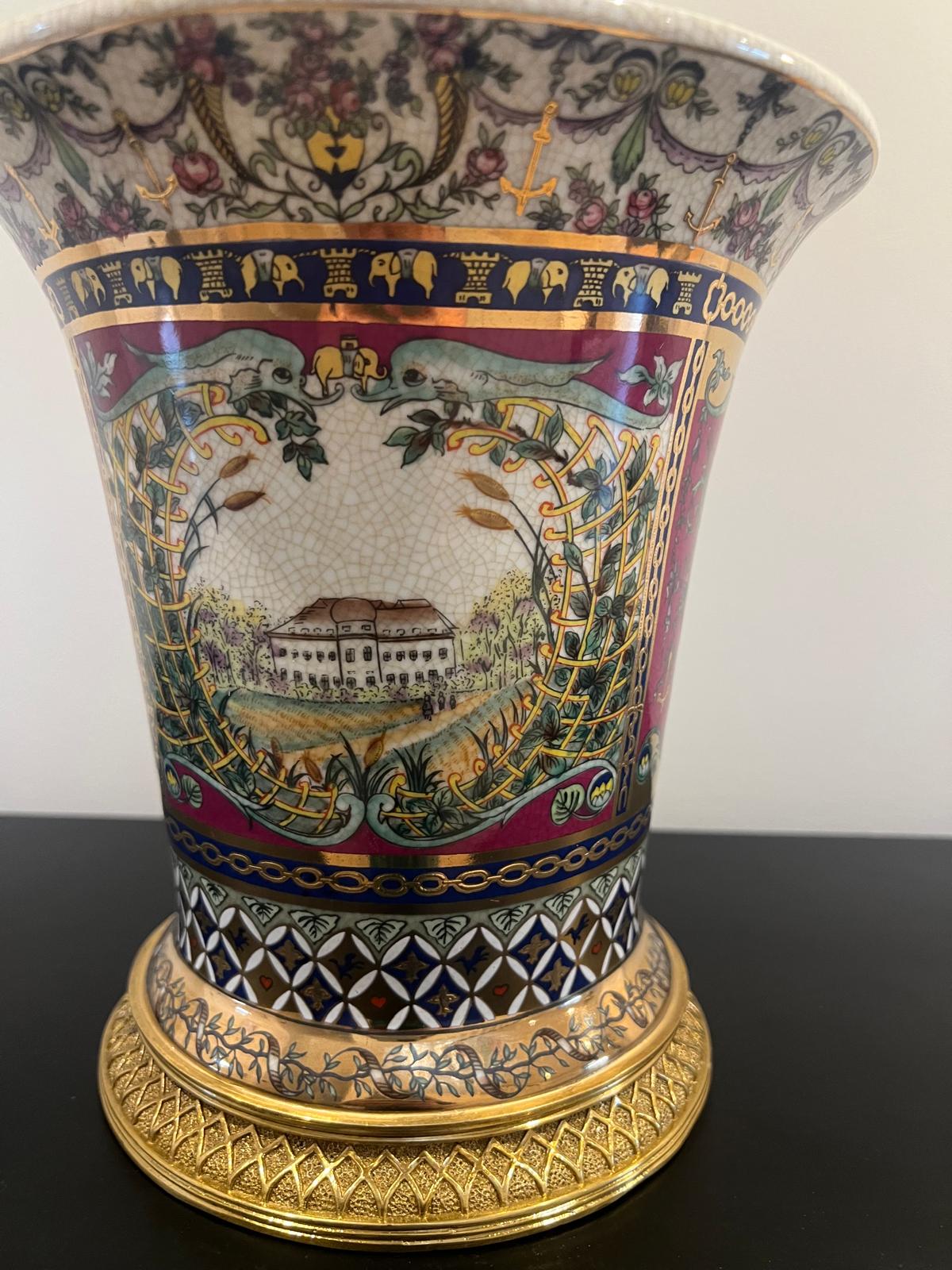 Art Deco Porcelain Vase with Gold Base & Estate Scene