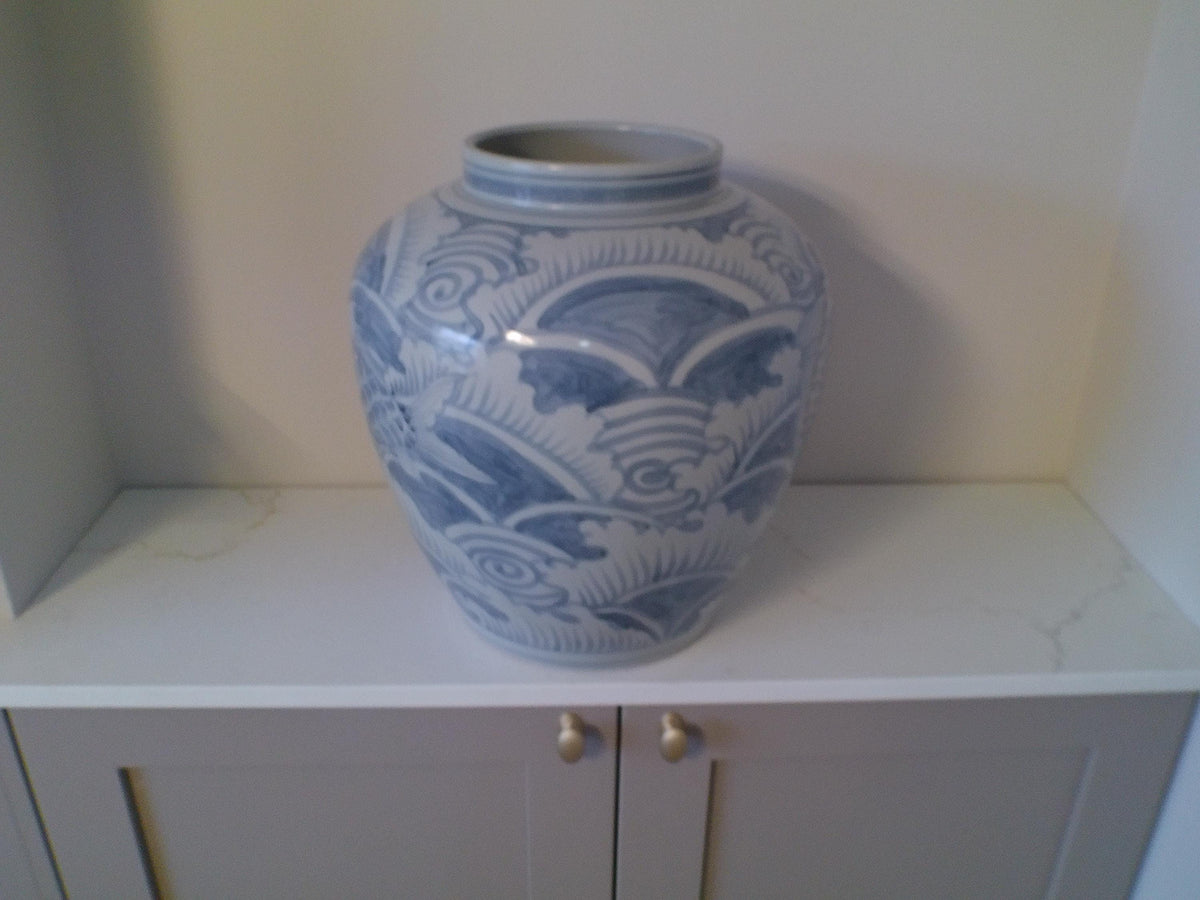 Blue and White Ceramic Ginger Jar – Hand-Painted Koi Fish & Wave Motif