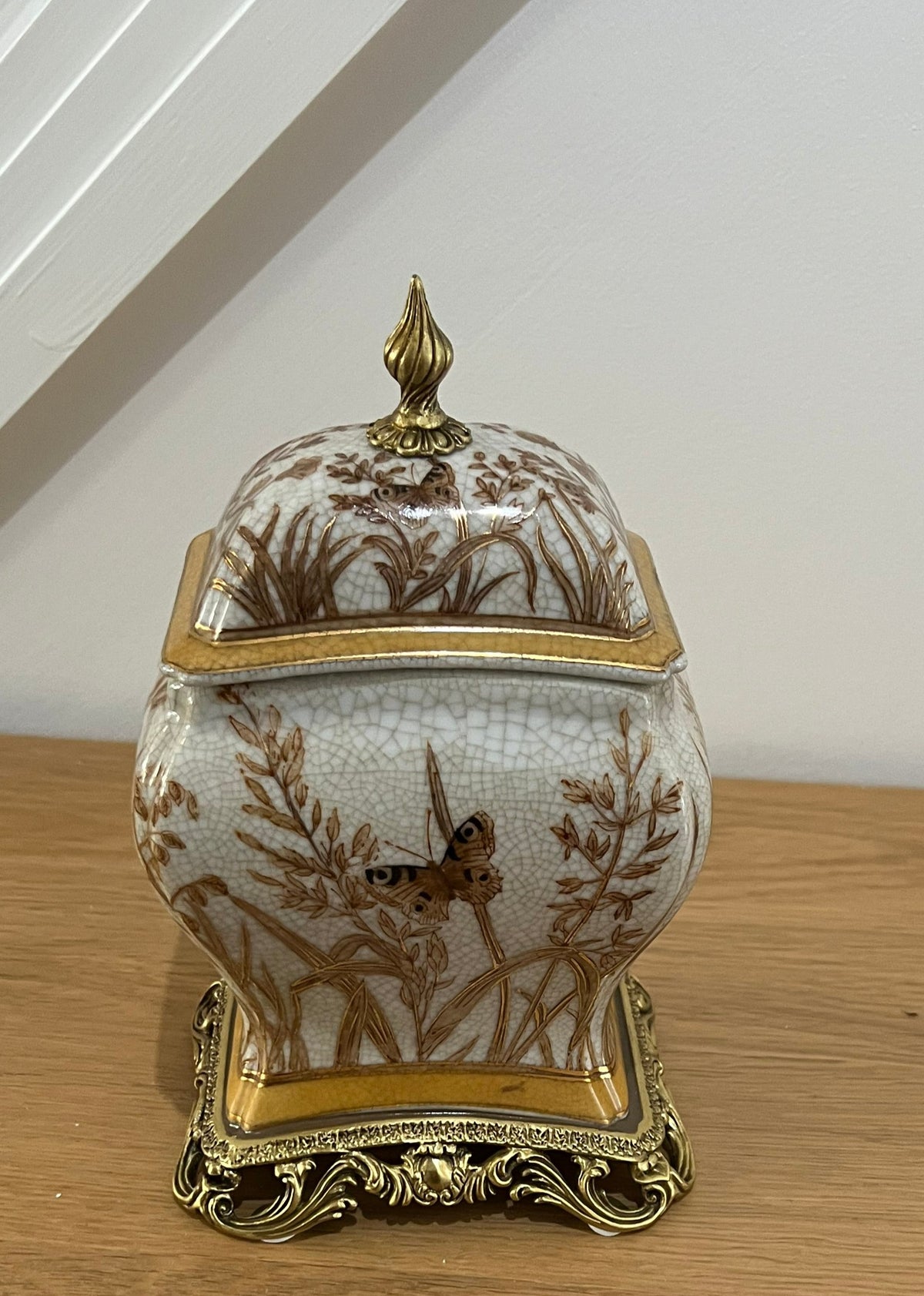Hand Painted Brown Porcelain Pot with Brass features and Butterfly detailing