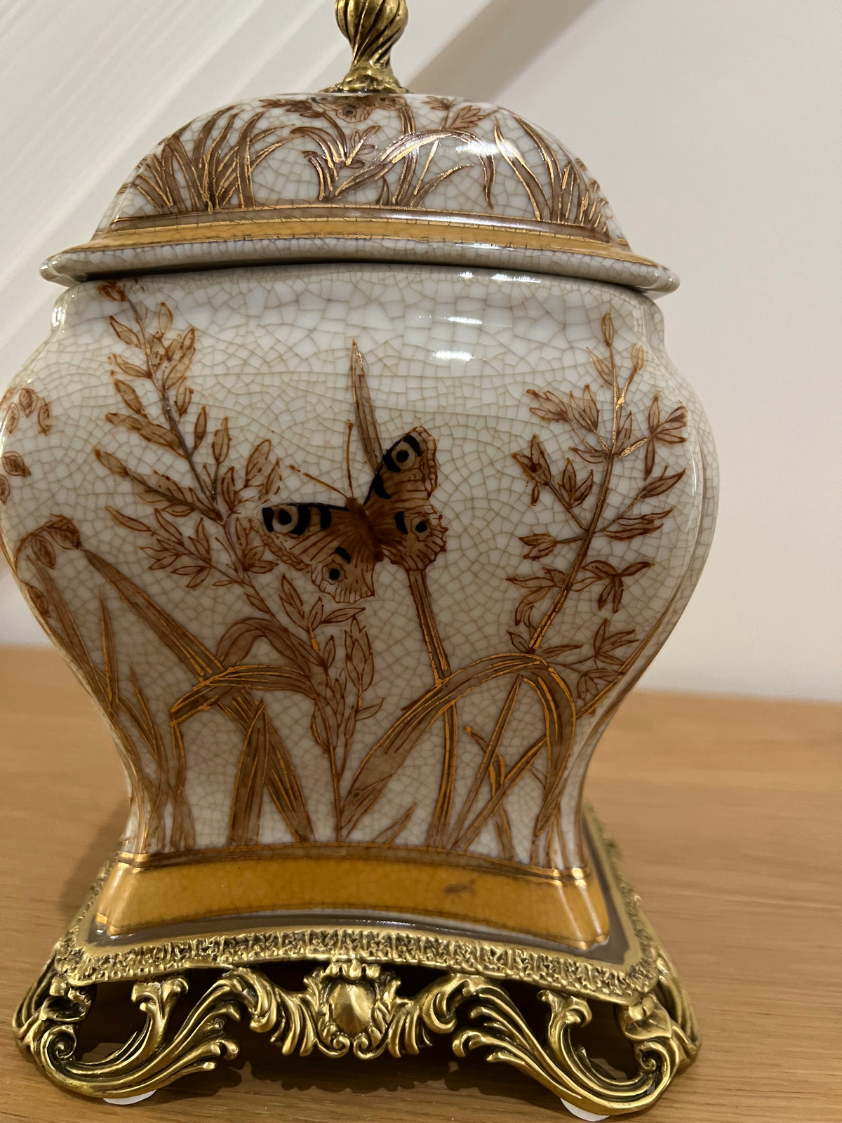 Hand Painted Brown Porcelain Pot with Brass features and Butterfly detailing