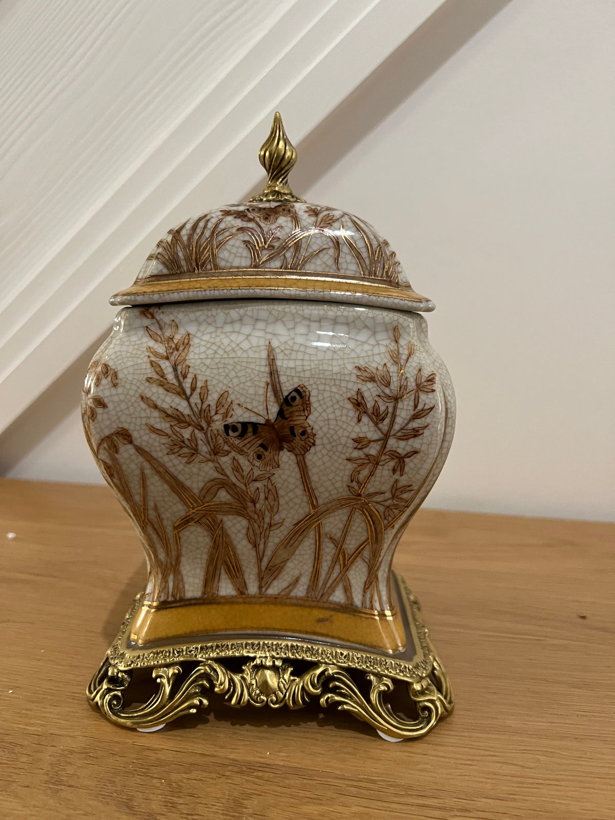 Hand Painted Brown Porcelain Pot with Brass features and Butterfly detailing
