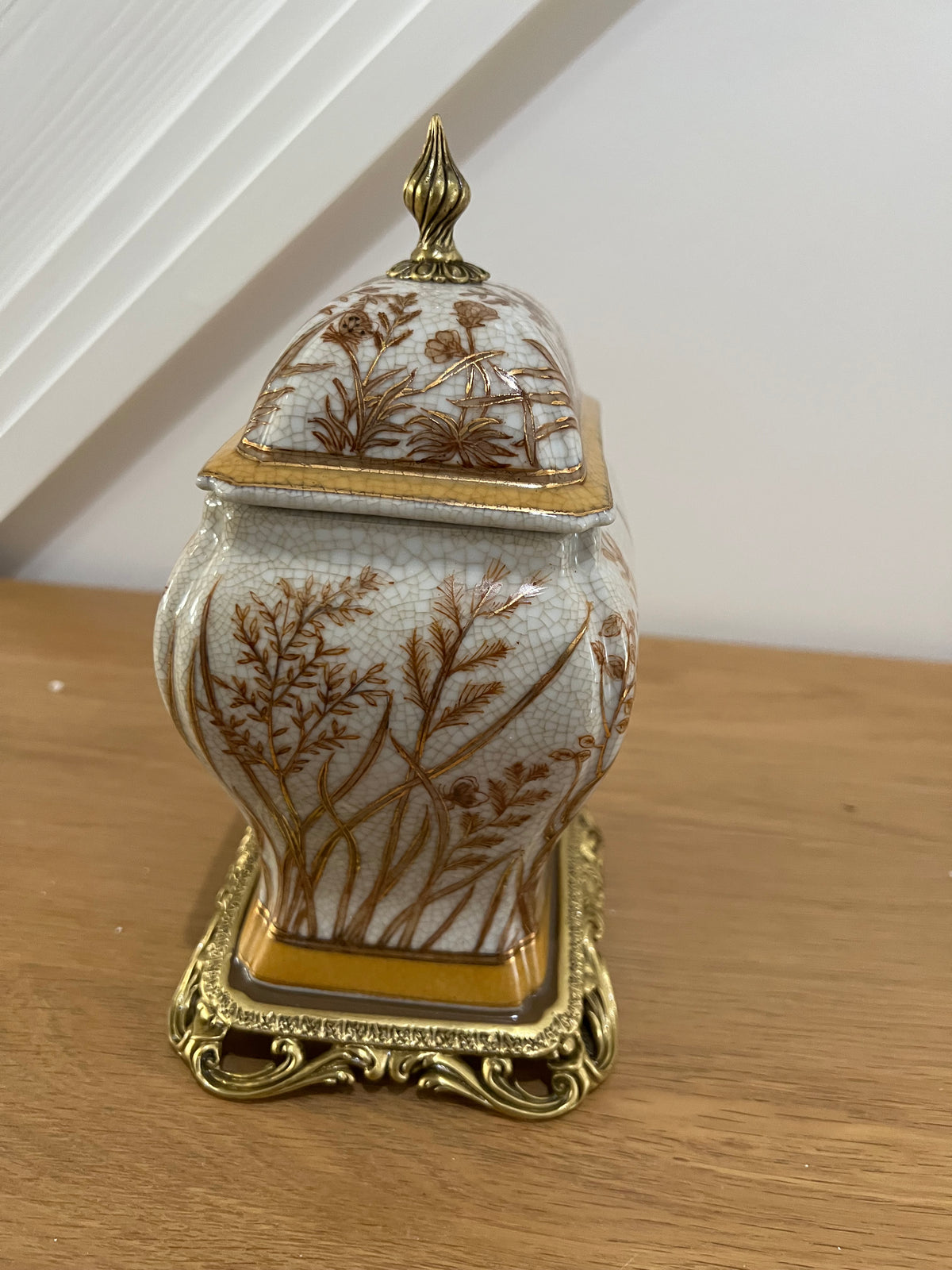 Hand Painted Brown Porcelain Pot with Brass features and Butterfly detailing