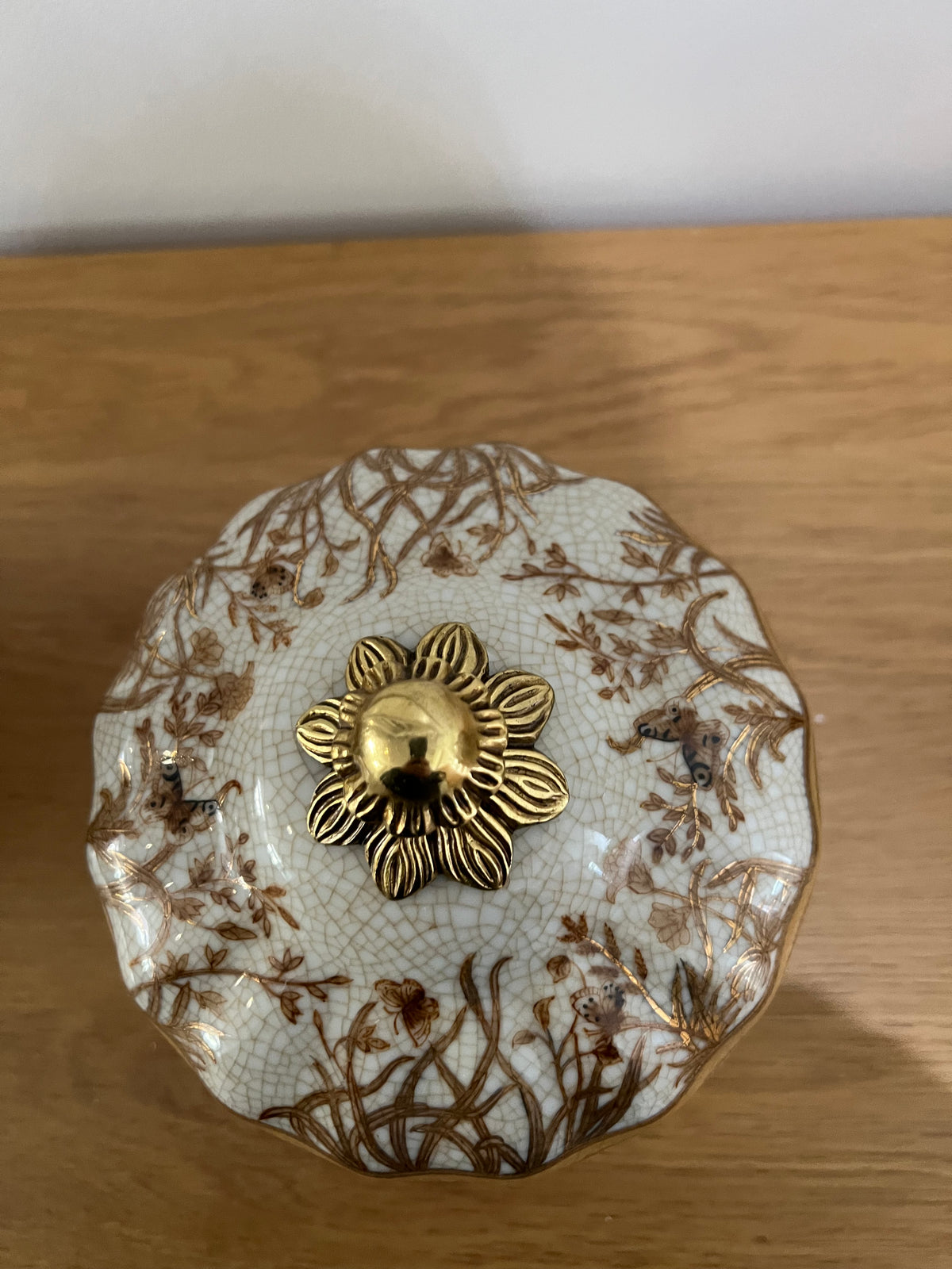 Brown & White Handpainted Porcelain Terrine with Butterfly detailing, brass handles and brass lid Active