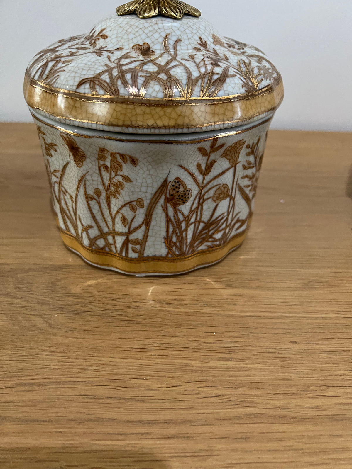 Brown & White Handpainted Porcelain Terrine with Butterfly detailing, brass handles and brass lid Active