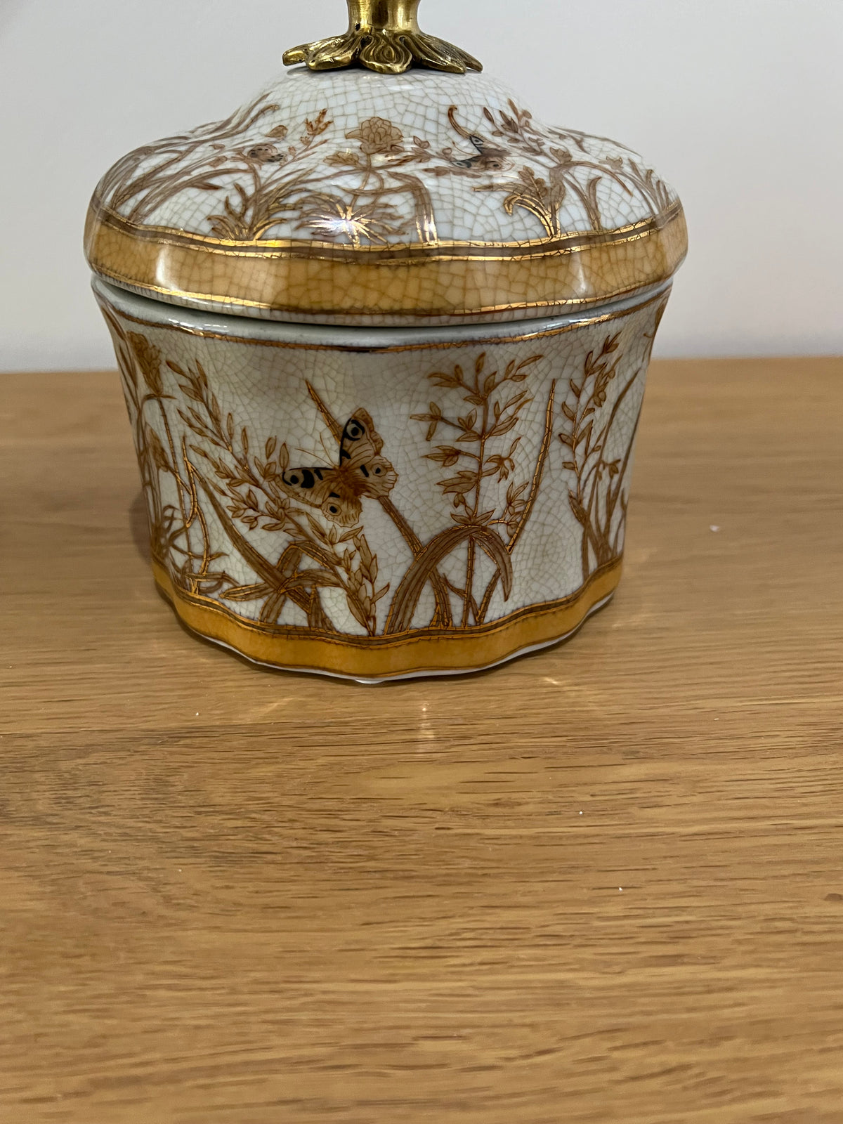 Brown & White Handpainted Porcelain Terrine with Butterfly detailing, brass handles and brass lid Active