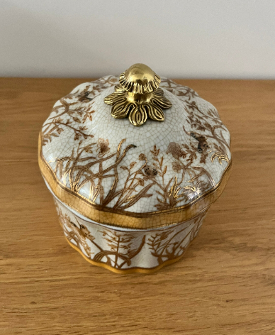 Brown & White Handpainted Porcelain Terrine with Butterfly detailing, brass handles and brass lid Active
